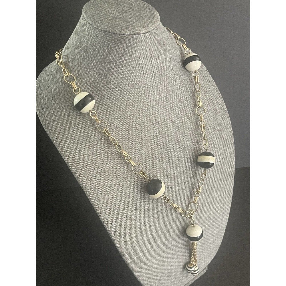 MCM VINTAGE ART DECO BLACK WHITE STRIPED BEAD RETRO TASSEL NECKLACE 36” - Picture 6 of 9